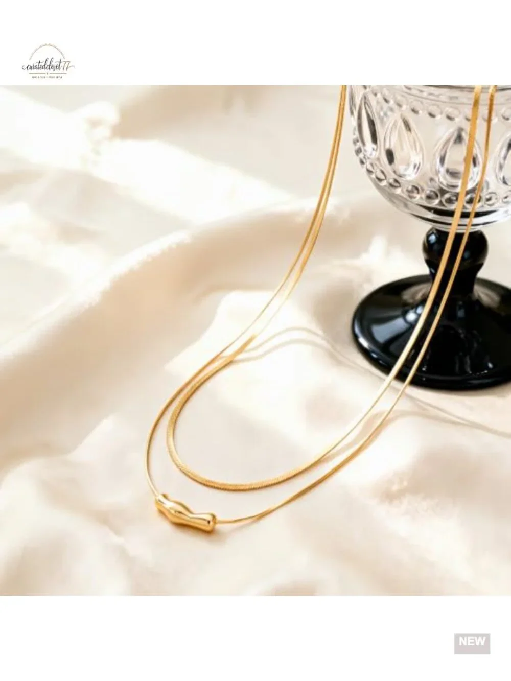 14K Gold Plated Dainty Snake Chain Layered Necklace with Irregular Bar Pendant